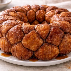May include: A golden-brown monkey bread, baked to perfection, sits on a white plate. The bread is ring-shaped, with individual pieces clustered together. A sweet, glossy glaze coats the bread, and a few cinnamon sticks are in the background.