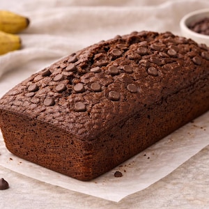 以下が含まれることがあります： チョコレートチップバナナブレッドのパンが、クッキングシートの上に置かれています。濃い茶色のパンにはチョコレートチップがトッピングされています。背景には2本の黄色いバナナと、チョコレートチップの小さなボウルがあります。