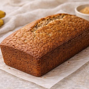May include: A loaf of freshly baked banana bread on baking paper. The bread has a golden-brown crust and a moist interior. Two ripe bananas are visible in the background, with a small bowl of brown sugar.