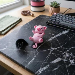 May include: A pink pig figurine with its arms outstretched, lying on a black and white marble patterned surface. The pig has a happy expression. Other items include a keyboard, a succulent plant, and a spool of pink and white filament.