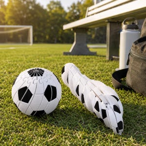 May include: A white and black soccer ball and a matching white and black articulated, segmented, flexible soccer ball-shaped object resting on a green grass field with a white water bottle and a black backpack visible in the background.