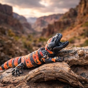 Peut inclure: Un monstre de Gila, avec une tête noire et un corps orné de bandes orange et noires, est posé sur une bûche patinée. La gueule du lézard est ouverte. L'arrière-plan présente un paysage de canyon.