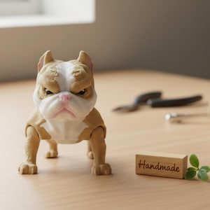 Könnte beinhalten: Eine hellbraune und weiße Bulldoggenfigur mit einem wütenden Gesichtsausdruck. Die Figur steht auf allen Vieren. Ein kleiner Holzblock mit dem Wort "Handmade" befindet sich neben dem Hund. Im Hintergrund sind Werkzeuge zu sehen.