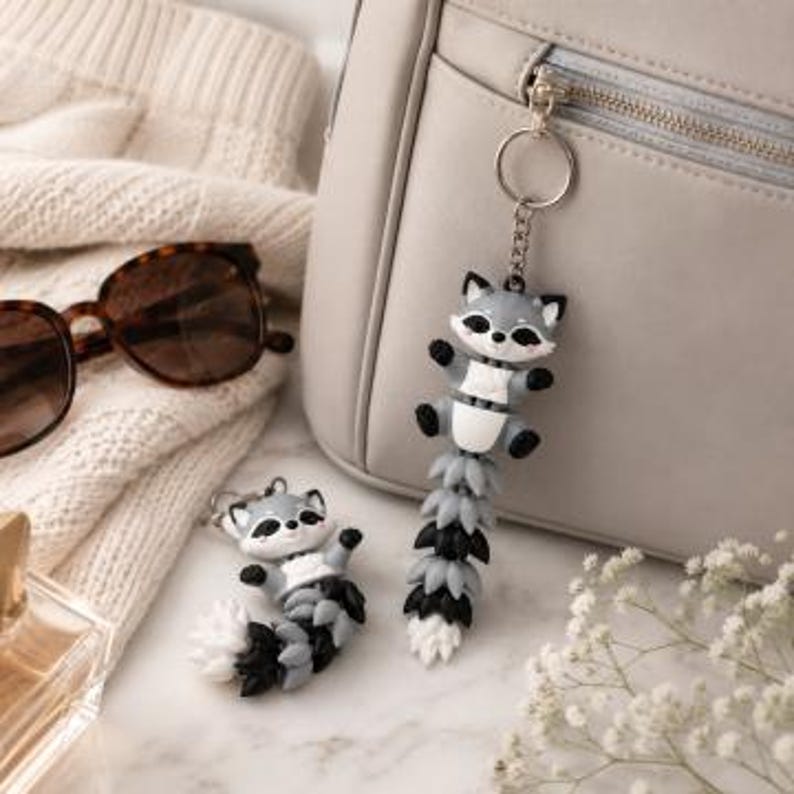 May include: Two raccoon keychains, one attached to a silver keyring, the other is separate. The raccoons are gray, black, and white, with a detailed tail. A pair of tortoiseshell sunglasses and a light gray purse are in the background.