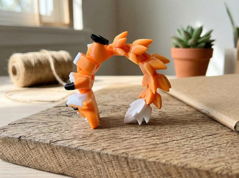 May include: A 3D-printed orange fox toy with black and white accents, posed in an arch. The fox is on a wooden surface, with a small potted succulent and a roll of twine in the background. The fox's tail is white.