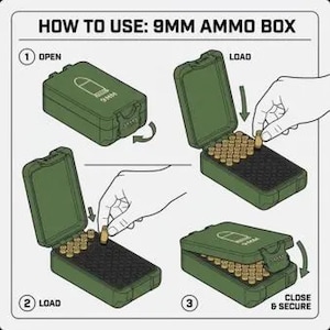 May include: An instructional diagram shows how to use a 9mm ammo box. The green box is opened, loaded with bullets, and then closed and secured. The text "HOW TO USE: 9MM AMMO BOX" is at the top.