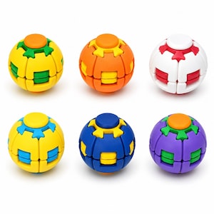 May include: Six spherical fidget puzzles arranged in two rows. Each puzzle features a central circular button surrounded by interlocking segments in various color combinations including yellow, green, orange, white, red, blue, and purple plastic.