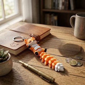 May include: A whimsical fox keychain in orange, white, and black, with a detailed tail. The keychain is attached to a silver ring and rests on a wooden surface next to a leather-bound journal and a gold pen. A small succulent plant is in a pot.
