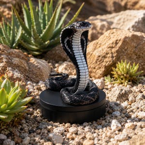 May include: A black and white cobra figurine with a flared hood and textured scales, coiled atop a smooth, circular black pedestal base. The snake features a prominent white underbelly pattern and dark, detailed eyes, standing upright in a defensive posture.