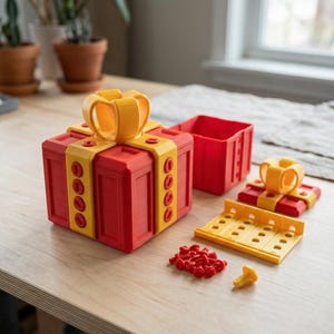 May include: A red and yellow 3D-printed gift box with a bow, partially disassembled. The box is open, revealing its interior. Additional components, including a base and small red pegs, are scattered nearby on a wooden surface. The design is geometric and modern.