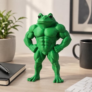 Könnte beinhalten: Eine grüne Froschfigur mit muskulösem Körperbau, die mit den Händen in den Hüften steht. Der Frosch hat eine detaillierte, strukturierte Oberfläche und posiert selbstbewusst. Die Figur steht auf einem Holzschreibtisch mit Notizbuch, Stift und schwarzem Becher.