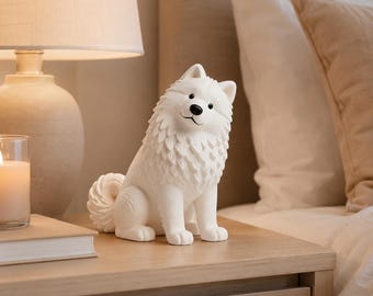 3D Printed Tilted Head Samoyed Figurine,  White Dog Statue, Dog Lover Gift