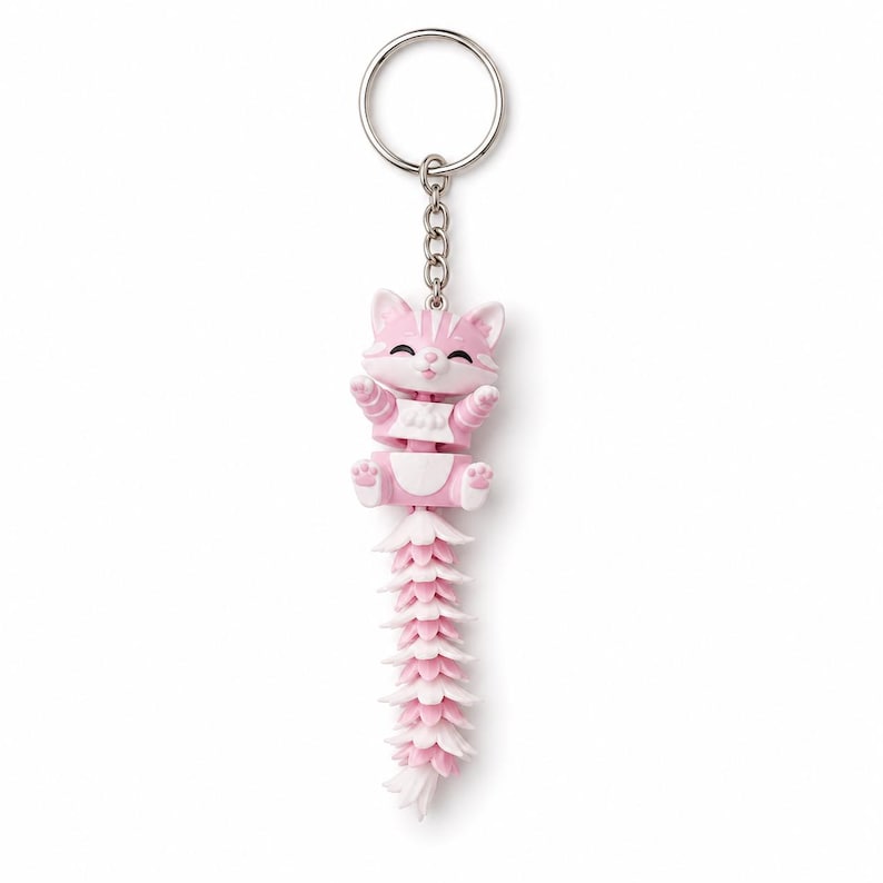 Movable Animal Keychain, 3D Printed Fidget Toy, Flexible Desk Ornament a pink cat