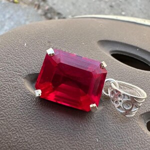 Natural Ruby Emerald Cut  Pendant, AGL Certified Sterling Silver Charm (28.75 Ct)