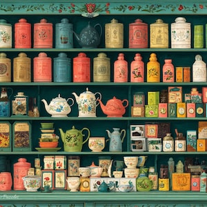 Könnte beinhalten: Ein türkisfarbener Schrank mit verschiedenen Tee-Artikeln. Die Regale zeigen bunte Teedosen, Teekannen, Tassen und Teepackungen. Die Artikel sind in einer organisierten Weise angeordnet und schaffen eine ansprechende Präsentation.