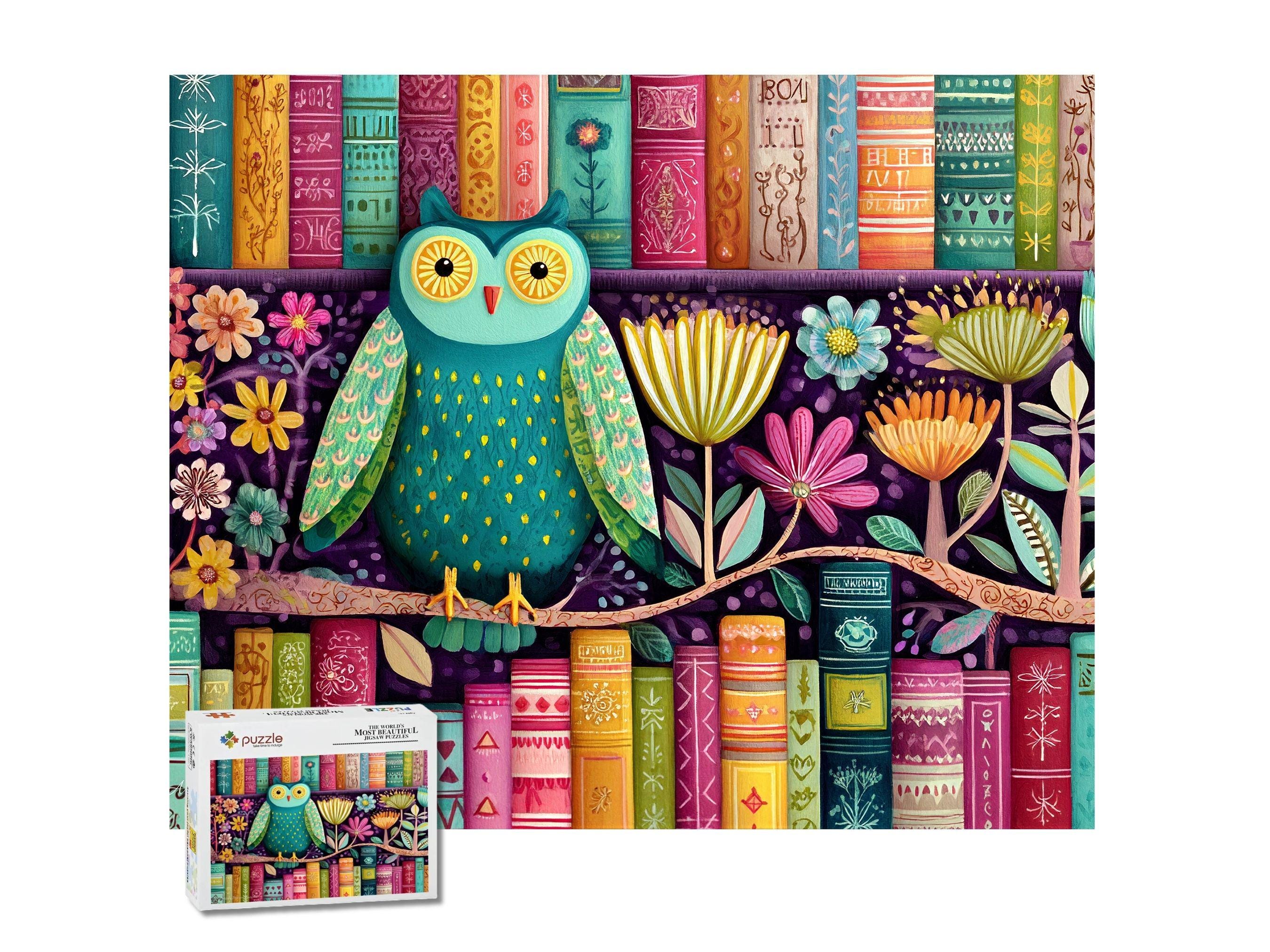 Whimsical Owl Jigsaw Puzzle, Colorful Bookshelf Scene, Cozy Library Art, Gift for Book Lovers, 500 W