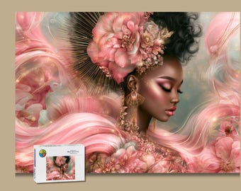 Houten puzzel, etherisch portret van een zwarte vrouw, roze bloemen fantasiekunst, 500 of 1000 stukjes, cadeau voor volwassenen