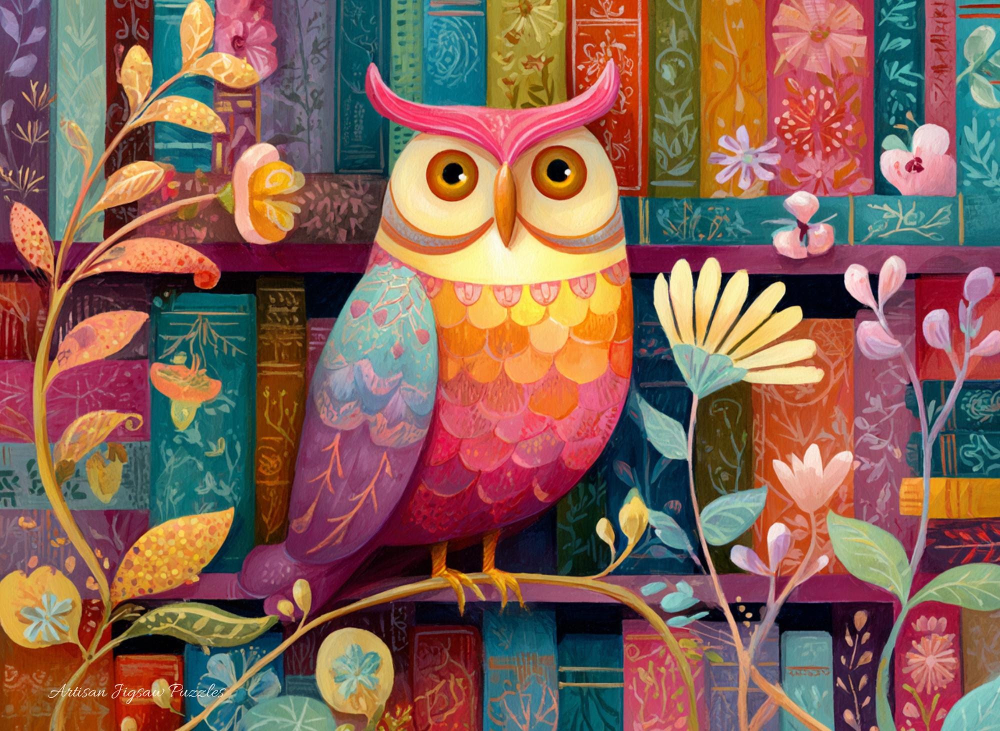 Owl Jigsaw Puzzle, 500 Wooden Pieces, Colorful Whimsical Art Gift for Adults