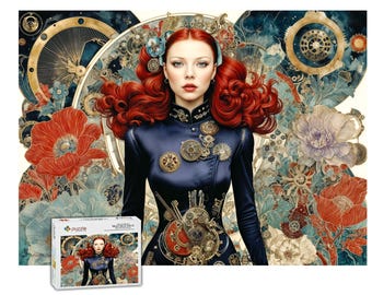 Steampunk Puzzle für Erwachsene, 500 Teile Holzpuzzle, Rothaarige Fantasie Blumendesign
