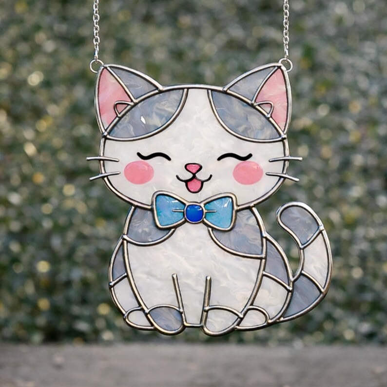 Kawaii Cat Stained Glass Pattern | Happy Kitty Suncatcher Room Decor ...