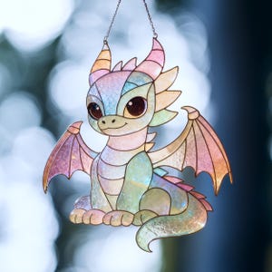 Patrón de vitral de pequeño dragón / Atrapasol de ventana de dragón de fantasía / PDF - PNG