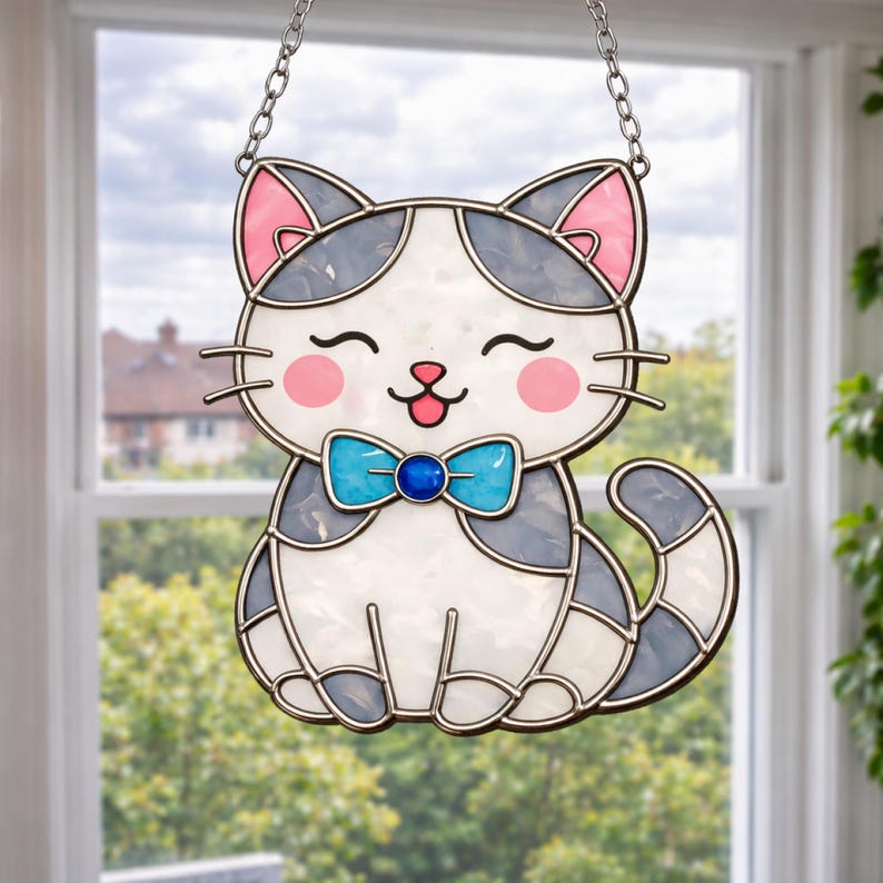Kawaii Cat Stained Glass Pattern | Happy Kitty Suncatcher Room Decor ...