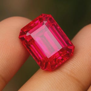 Puede incluir: Una gema rectangular de corte esmeralda con un tono rojo intenso y saturado. La piedra presenta bordes facetados precisos que crean un patrón geométrico claro de luz y sombra en su superficie pulida y transparente.