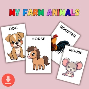 Puede incluir: Tarjetas ilustradas con animales de granja: perro, caballo, gallo y ratón. Cada tarjeta tiene una ilustración de dibujos animados y el nombre del animal. El texto "MY FARM ANIMALS" está en la parte superior.