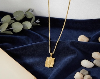 Gold-Plated Buddha Pendant Necklace - Rectangular Charm with Spiritual Symbol, Mindfulness Jewelry, Dainty Chain Gift
