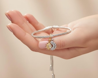 Two-Tone Sun and Moon Charm – Sterling Silver & Gold Plated CZ Dangle Pendant – Celestial Jewelry for Necklace or Bracelet, Gift for Her