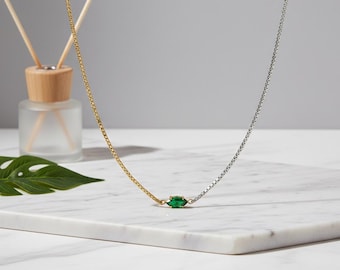 Two-Tone Chain Emerald Necklace - Gold & Silver Plated Box Chain with Green Gemstone, Modern Minimalist Statement