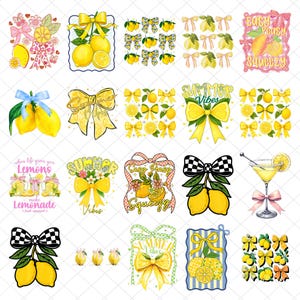 Könnte beinhalten: Eine Sammlung farbenfroher, sommerlicher Grafiken mit Zitronen, Schleifen und Text. Designs umfassen Zitronen mit Schleifen, Limonade und Cocktail-Illustrationen. Die Farbpalette ist hauptsächlich Gelb, Rosa und Blau, mit einem Schachbrettmuster.