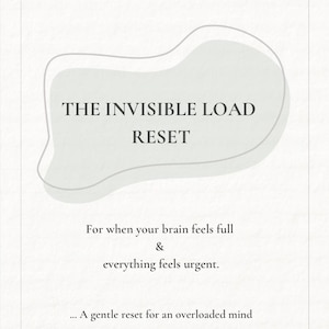 Könnte beinhalten: Ein druckbares, hellfarbiges Grafikdesign mit dem Text "THE INVISIBLE LOAD RESET". Der Text ist in einer stilisierten Schriftart gehalten, und das Design enthält ein hellgraues, organisch geformtes Element. Zusätzlicher Text beschreibt den Reset.