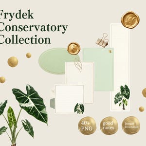 May include: A digital stationery set titled Frydek Conservatory Collection featuring various paper templates in light green and white, decorated with Alocasia Frydek plant illustrations, gold wax seal accents, and a metal binder clip on a light background.