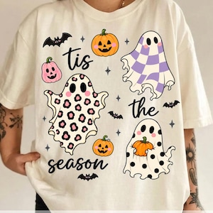 Tis The Season Ghost Trio PNG, Pumpkin Patch Ghosts, Checkered Leopard Polka Dot Ghost PNG, Cute Halloween Sublimation, Fall Shirt Design