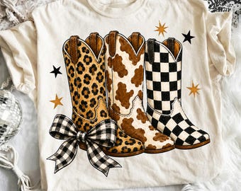 Cowboy Boots PNG, Western Cowgirl Sublimation, Brushstroke Checkered Leopard Print Polka Dot Boots, Retro Country Shirt Design