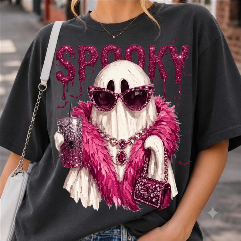 May include: A charcoal gray t-shirt featuring a graphic of a white ghost wearing pink cat-eye sunglasses, a pink feather boa, and a jeweled necklace. The ghost holds a glittery pink tumbler with a spiderweb design and a small pink handbag.
