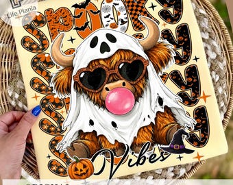 Spooky Vibes Highland Cow PNG, Ghost Cow PNG, Cute Halloween Cow, Funny Fall Highland Cow, Spooky Season Sublimation design