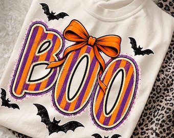 Coquette Boo PNG, Halloween Bow PNG, Vintage Retro Striped Boo Shirt Design, Distressed Halloween Sublimation, Preppy Fall trendy png ,