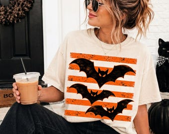 Halloween Bats Striped PNG, Spooky Season Ghost Shirt PNG, Distressed Halloween Sublimation Design, Trendy Spooky Vibes Bat Tee,
