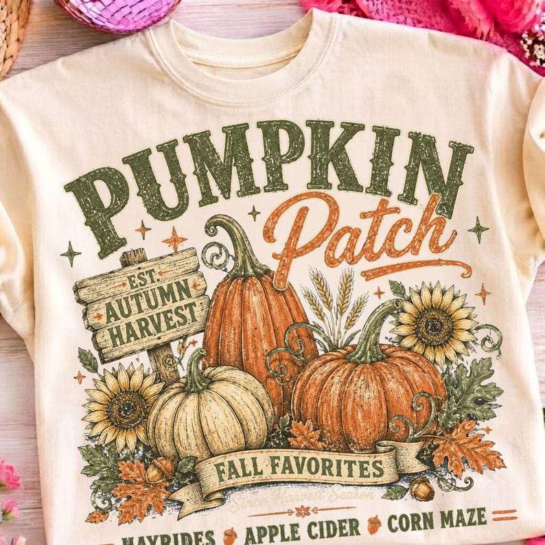 May include: A cream-colored sweatshirt featuring a graphic print with the text PUMPKIN Patch, EST. AUTUMN HARVEST, FALL FAVORITES, HAYRIDES, APPLE CIDER, and CORN MAZE. The design includes orange pumpkins, yellow sunflowers, and autumn leaves.