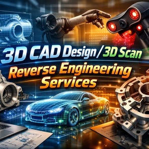 May include: A digital illustration showcasing 3D CAD design, 3D scanning, and reverse engineering services. The image features a 3D scanner, a laptop displaying a CAD model, and a wireframe car design. The text "3D CAD Design/3D Scan Reverse Engineering Services" is prominently displayed.