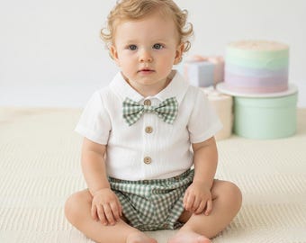 Conjunto de tirantes para bebé niño, conjunto de cuadros vichy azul empolvado, atuendo formal para portador de anillos, traje de boda para niño pequeño, traje para el primer cumpleaños de un niño.