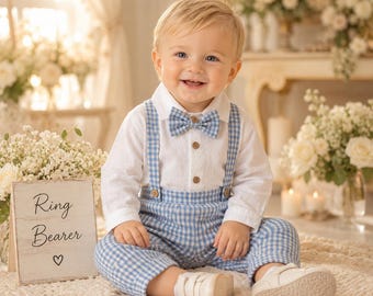 Baby Boy Gentleman Outfit, White Shirt with Gingham Suspender Pants and Bow Tie, Ring Bearer Wedding Baptism Easter Photo Set Gift