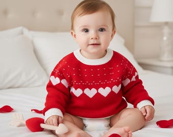 バレンタインデー ハートセーター（幼児女の子用）、赤いニットプルオーバー、かわいい幼児用バレンタイン衣装、小さな女の子への冬の贈り物