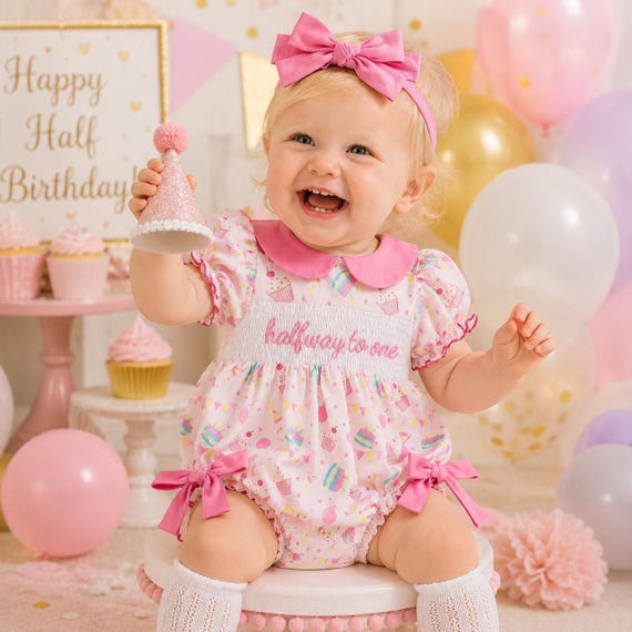 6th month birthday dress Halfway to One Outfit Girl, 6 Romper, Half Birthday Baby Girl Clothes, Pink Cupcake Smocked Bubble Romper, Milestone Photo Party wear