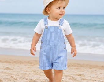 Baby Boy First Birthday Outfit, Striped Toddler Overalls, Summer Baby Boy Clothes, Neutral Baby Shower Gift, 1st Birthday Photo Prop