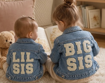 Big Sis Lil Sis Jean Jacket Set, Embroidered Denim Coats for Baby and Toddler Girls, First Birthday Party Photo Outfit and Gift Set