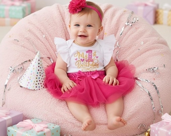 Baby Girl Cake Smash Outfit, Embroidered 1st Birthday Romper Dress, Pink Tutu Skirt, Flower Headband, Birthday Party Set for Photos