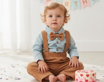 Olive Green Baby Boy Wedding Outfit, Corduroy Suspender Pants and White Collared Shirt Set, Toddler Ring Bearer Suit